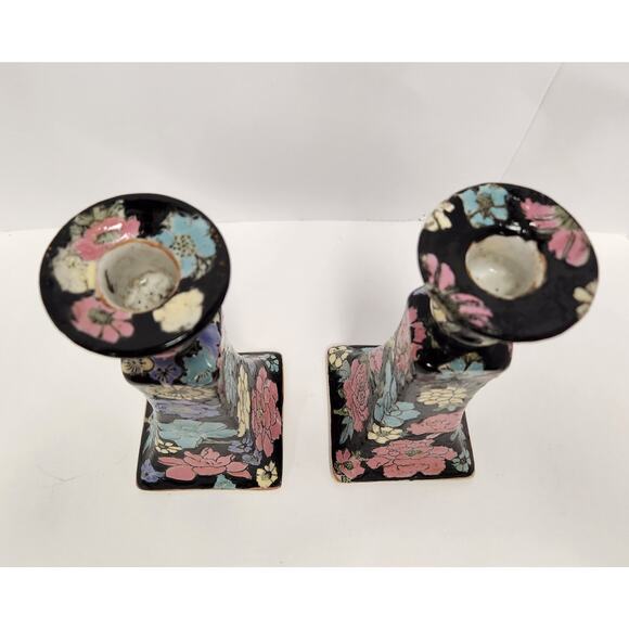 Vintage Floral Ceramic Candle Holders – Black Cloisonné Style Pair - Picture 5 of 6